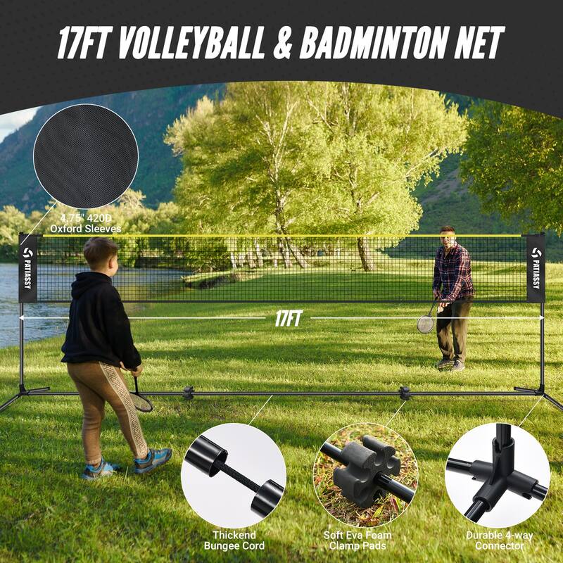 Patiassy 17 ft Portable Height Adjustable Badminton Pickleball Volleyball Net Set