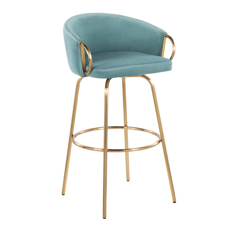 Lumisource Claire 30" Fixed-Height Bar Stool Gold Metal - Set of 2 - 19.5"Lx21"Wx38.25"H - Counter Height - Gold Metal, Light Blue Velvet - Set of 2
