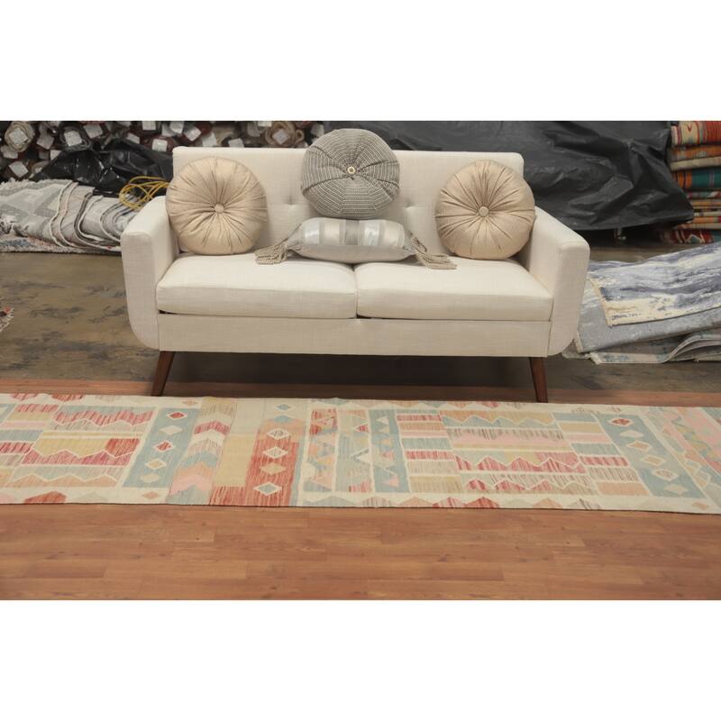 Hand Woven Oriental 100% Wool Carpet Southwestern Tribal Multi-Colored Kilim Runner Rug - 12' 1'' X 2' 7''