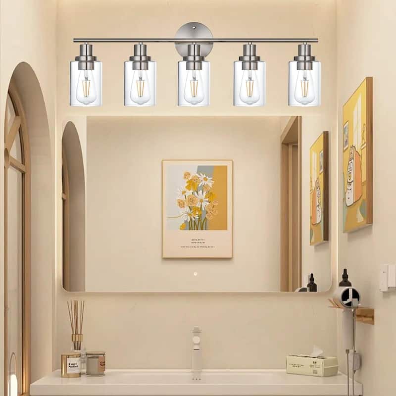 5-Light Bathroom Light Fixtures, Brushed Nickel Modern Vanity Lights Over Mirror with Clear Glass Shade, Bathroom Wall Lamp