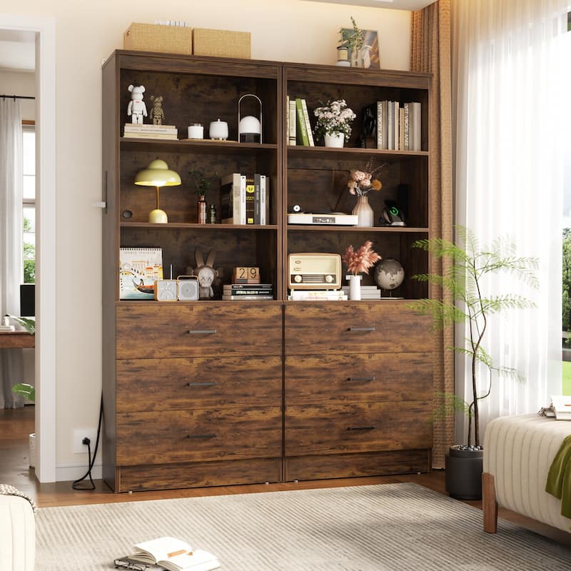6-Tier 23.6'' Display Cabinet with Charging Station and Drawers, Bookcase Storage Shelf Kitchen Pantry
