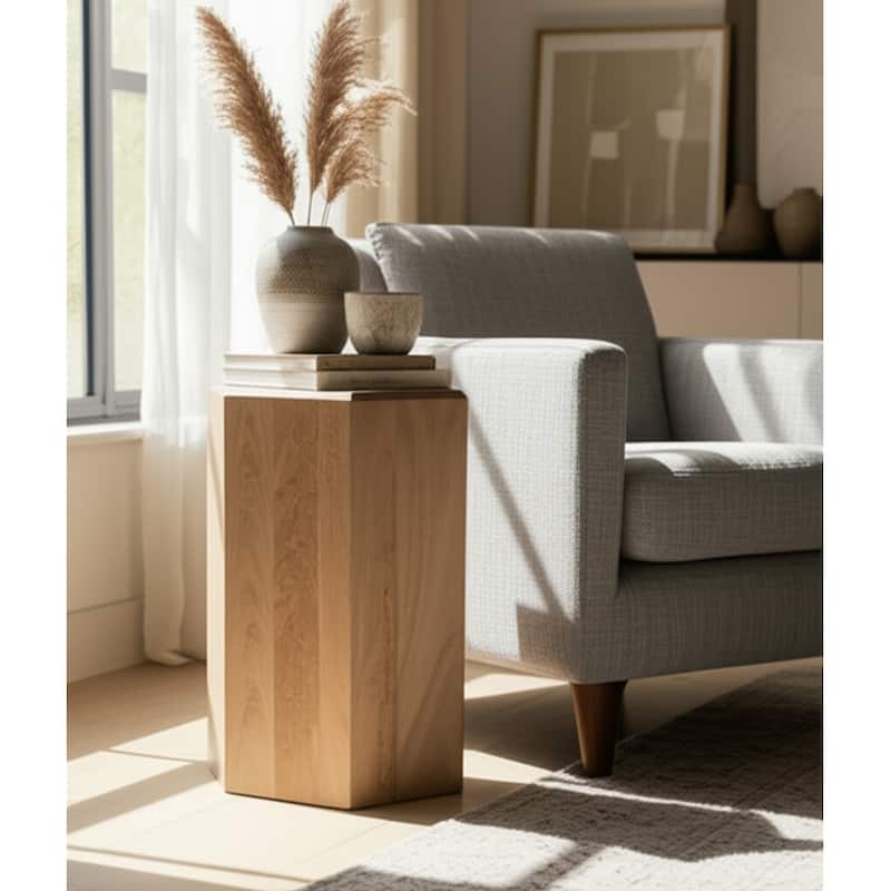 Natural Wood Side Table Elegant Geometric Design Narrow End Accent - 14" x 14" x 24"