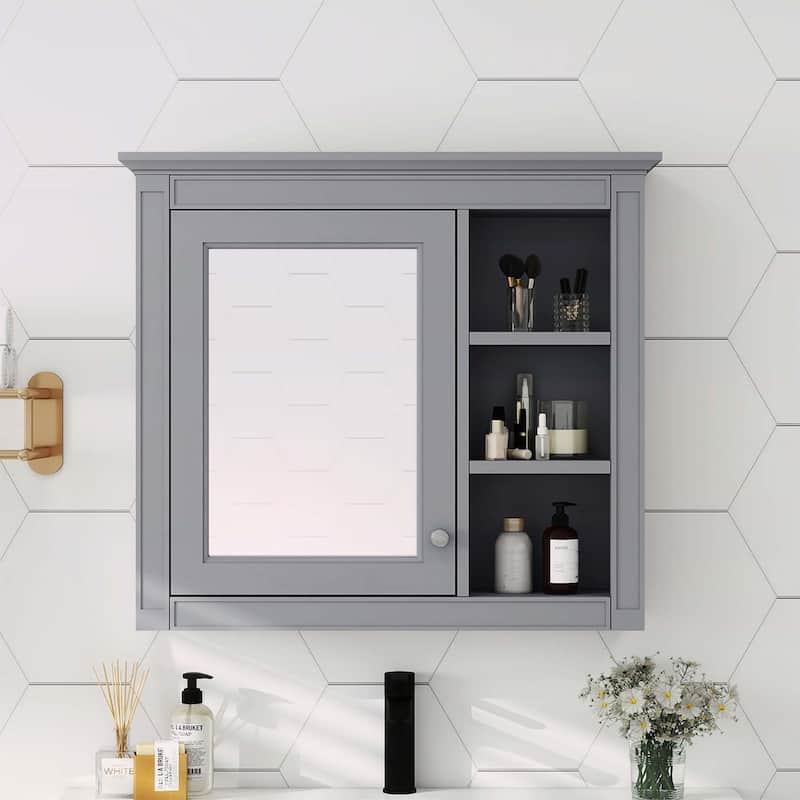 30'' x 28'' Wall Mounted Bathroom Storage Cabinet with Mirror,Modern Design,3 Open Shelves,Space-Saving and Stylish