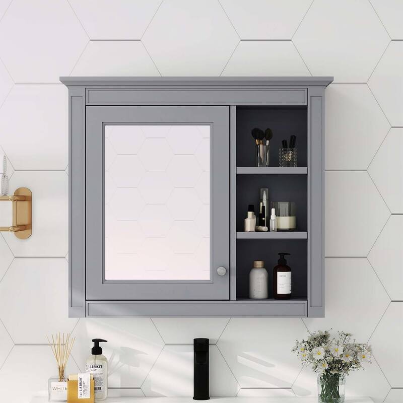 30'' x 28'' Wall Mounted Bathroom Storage Cabinet with Mirror,Modern Design,3 Open Shelves,and Concealed Storage
