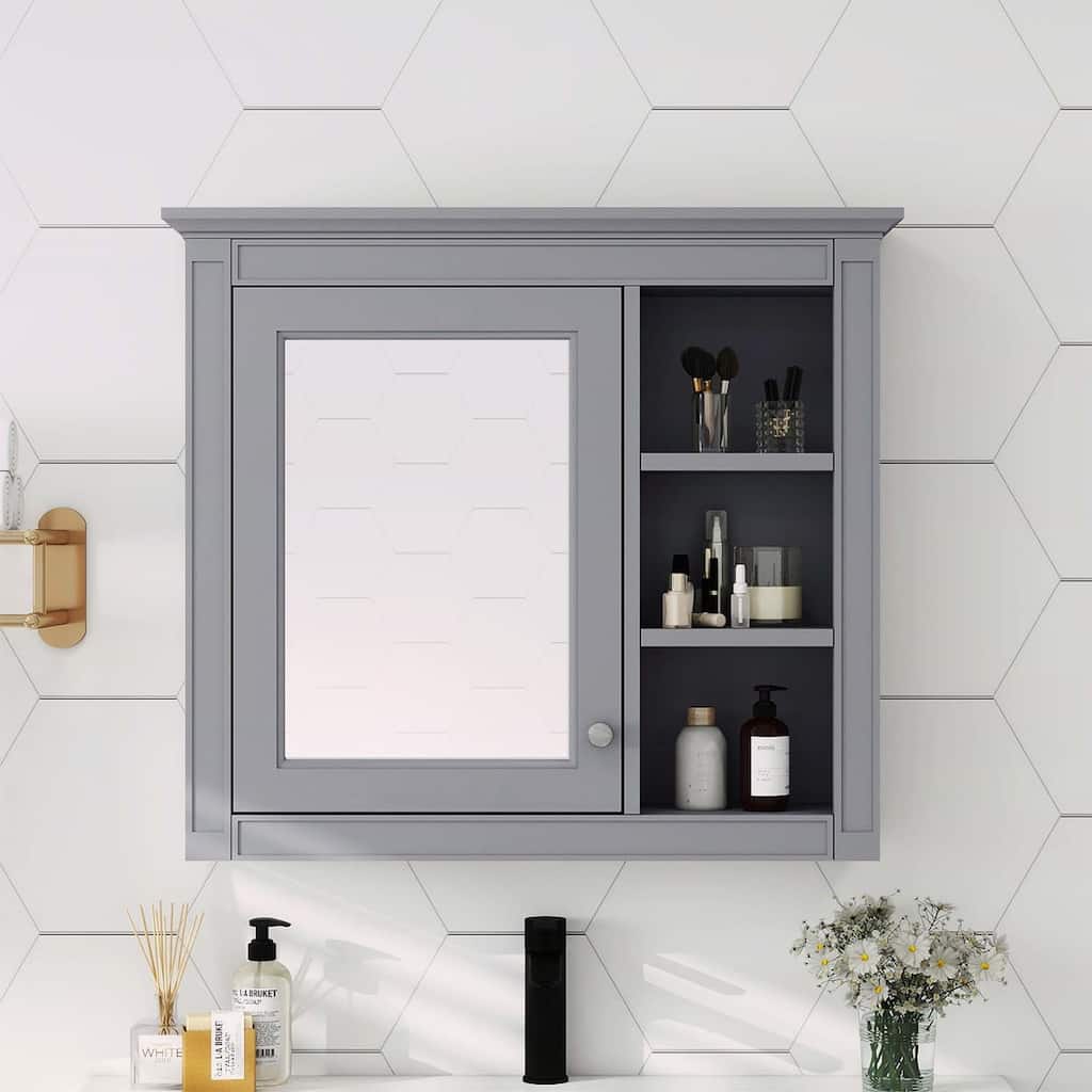 30'' x 28'' Wall Mounted Bathroom Storage Cabinet with Mirror,Modern Design,3 Open Shelves,and Concealed Storage