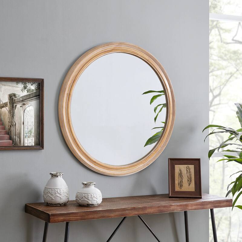 27.5" Wooden Farmhouse Round Wall Mirror for Bathroom Vanity