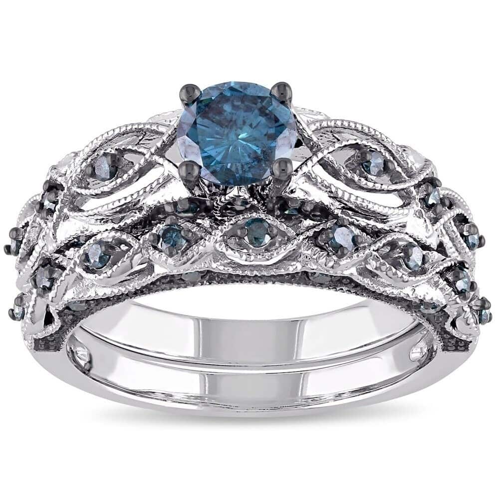 Miadora 10k White Gold 1ct TDW Blue Diamond Infinity Bridal Ring Set