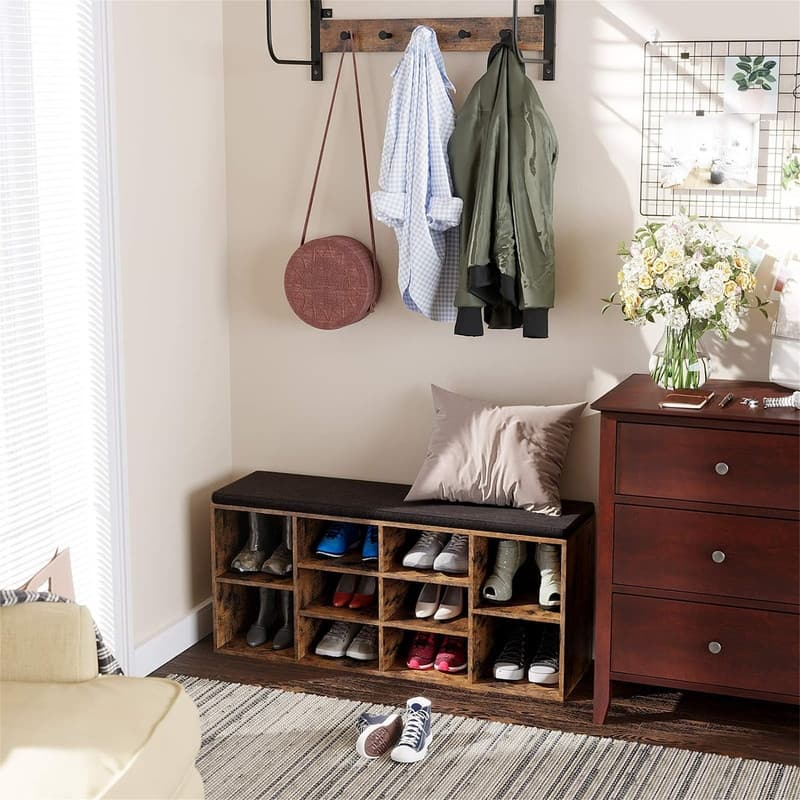 Shoe Bench with Cushion - 11.8"D x 40.9"W x 18.9"H - Rustic Brown + Brown