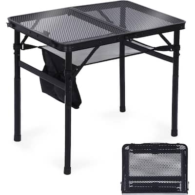 Grill Table, Outdoor Table, Card Table, Portable Grill Table, Adjustable Heights Camping Table with Mesh Bag & Cup Holders - N/A