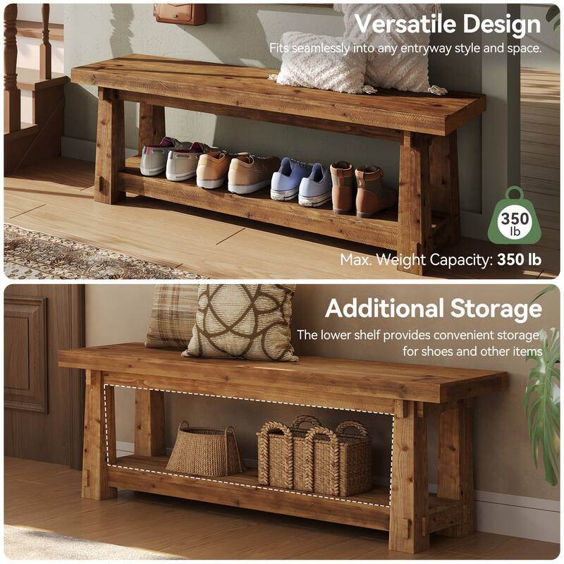 55" Solid Wood Entryway Bench with Shoe Storage, Charred Wood Grain