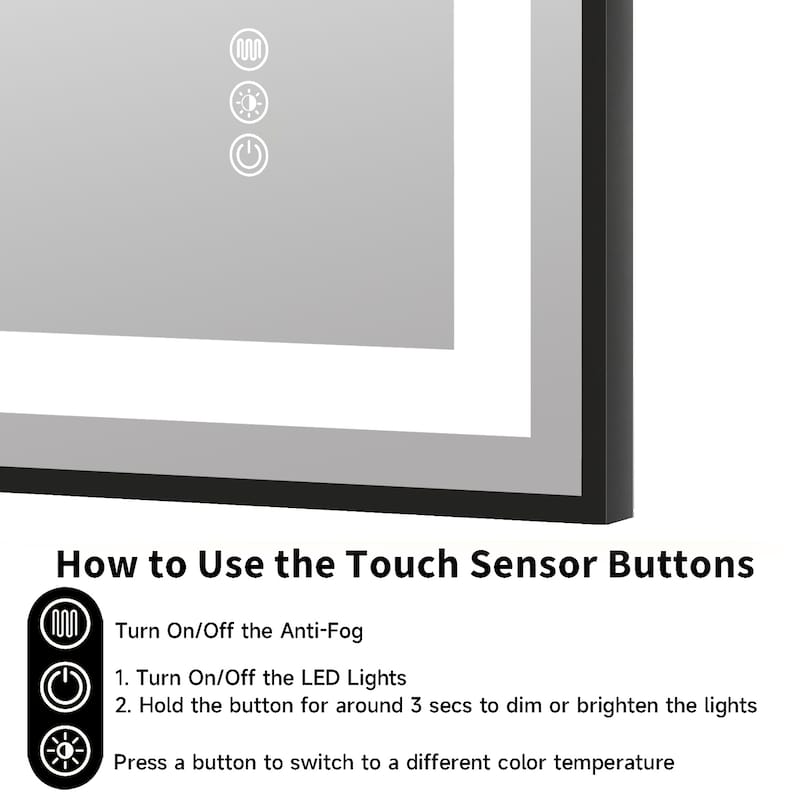 Topcraft Black Framed Tempered Glass Mirror with Dual LED Strip Lighting