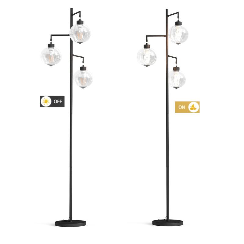 67" Tree-Shaped Living Room Floor Lamp with 3 Lights, Glass Lampshade and Foot Switch