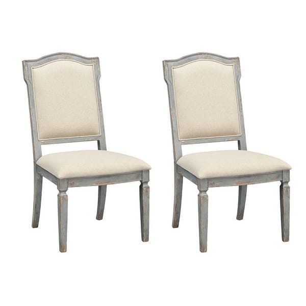 slide 2 of 5, Somette Manaco Two Tone Blue Upholstered Dining Side Chairs - with a Brown Rub frame - Set of 2