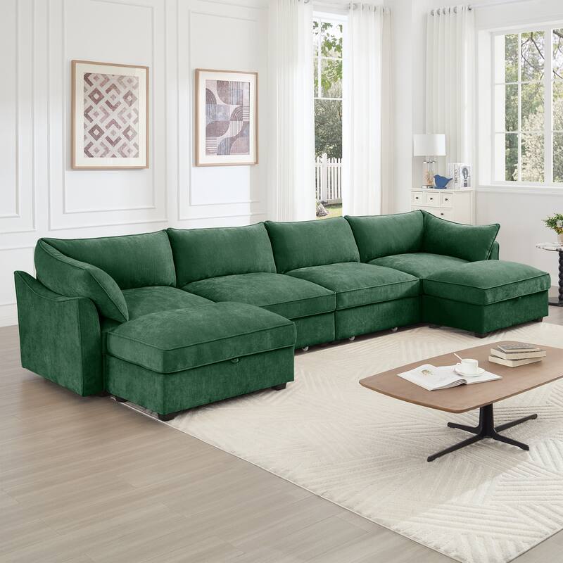 4- Deep L-Shaped Seater Sectional Sofa Couch with 2 Movable Storage Ottoman & Pull out Drawers Under Each Seat