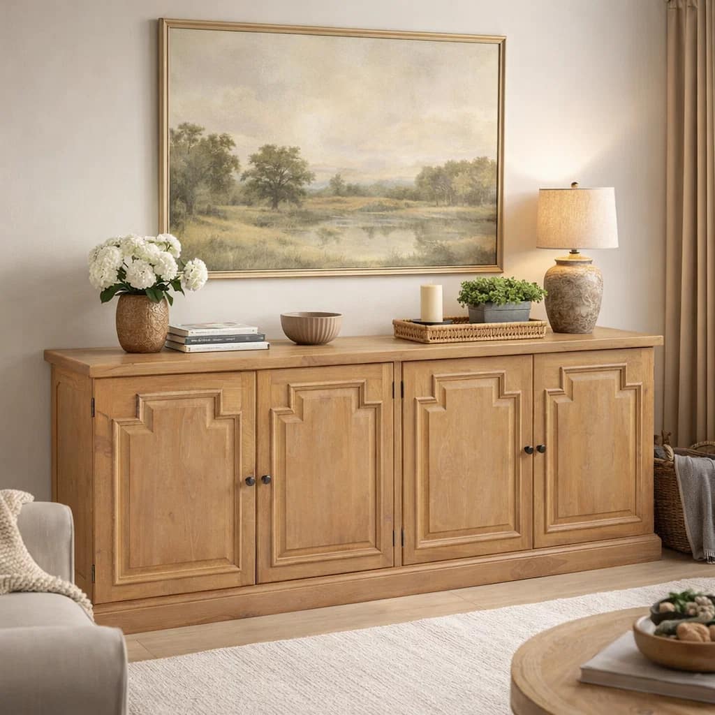 Raised Paneled Wooden Server with Two Double Door Cabinets, Brown