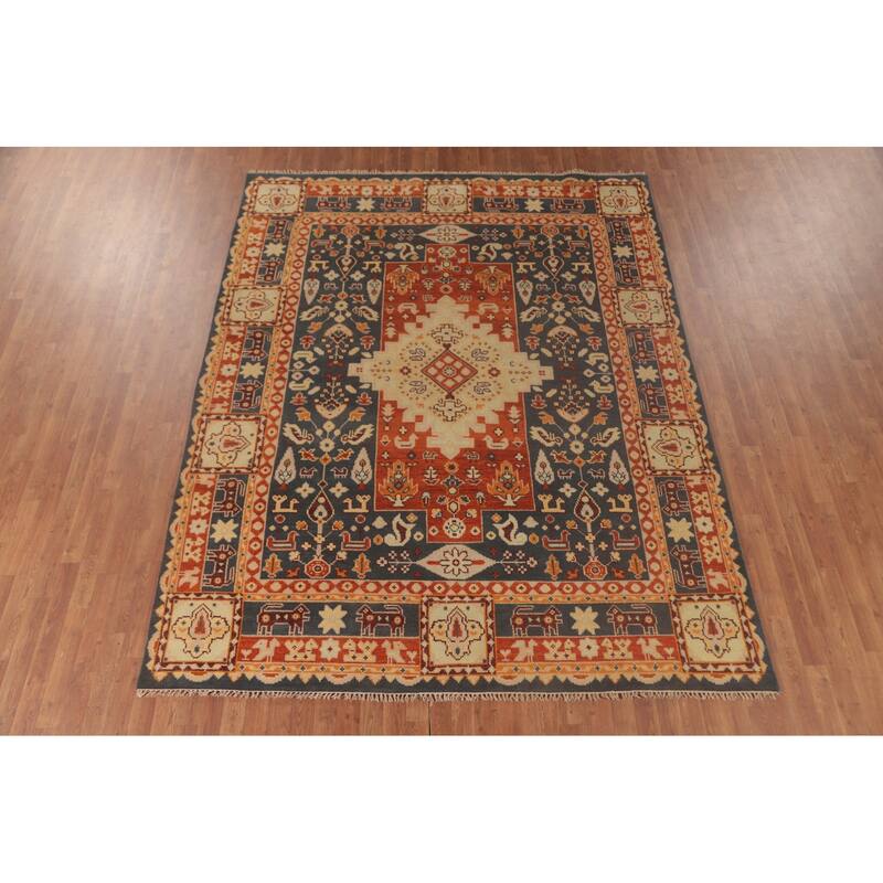 Geometric Kazak Area Rug Hand-Knotted Tribal Wool Carpet - 7'10"x 9'11"