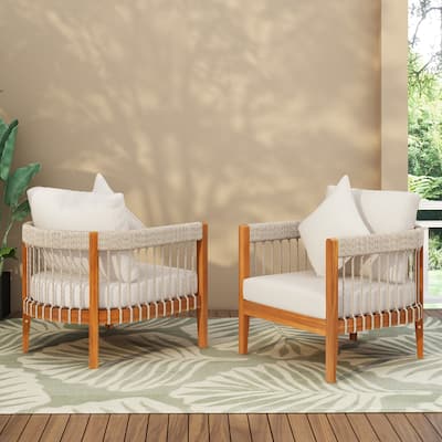 Acacia Wood Outdoor Club Chair with Handwoven Rope Accents & Curved Backrest - Water-Resistant with Removable Cushions set of 2