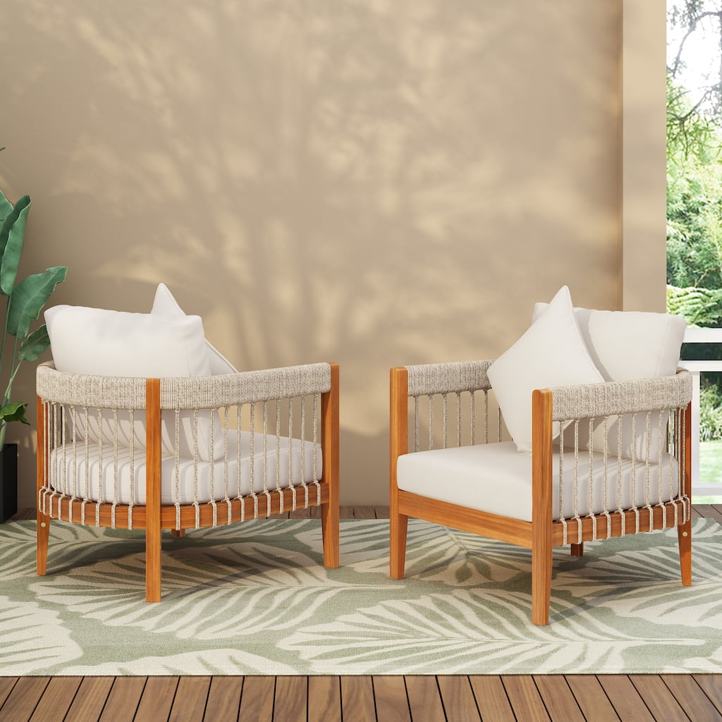Acacia Wood Outdoor Club Chair with Handwoven Rope and Curved Backrest, Water-Resistant and Comfortable for Patio or Garden.