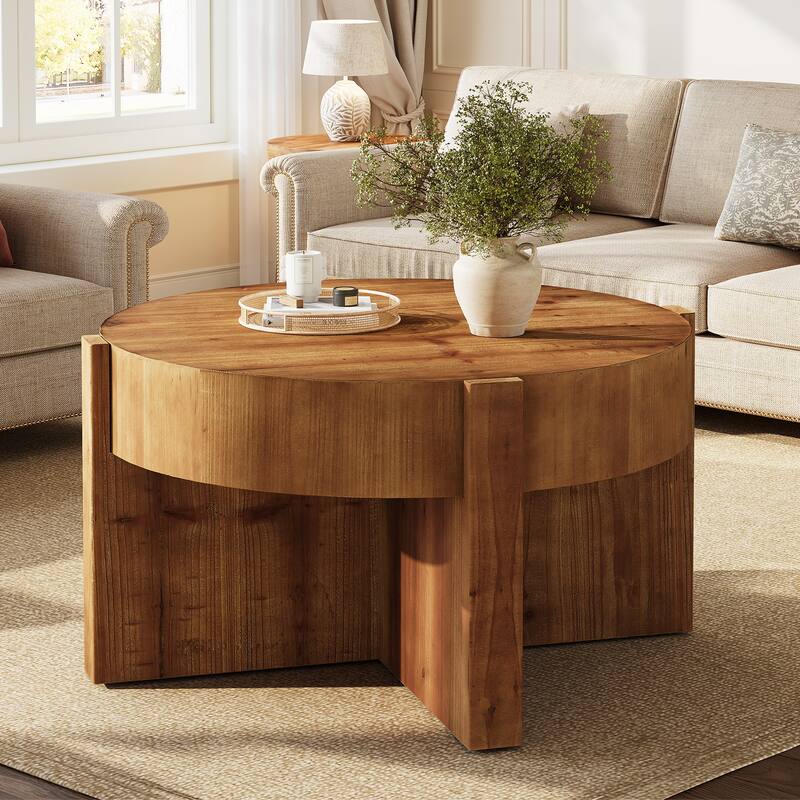 31.5 Inch Round Coffee Table for Living Room, All Solid Wood Construction - 31.5" D x 31.5" W x 18.5" H