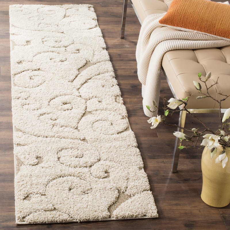SAFAVIEH Florida Shag Shahin Scroll 1.2-inch Thick Textured Rug - 2'3" x 8' Runner - Cream/Beige