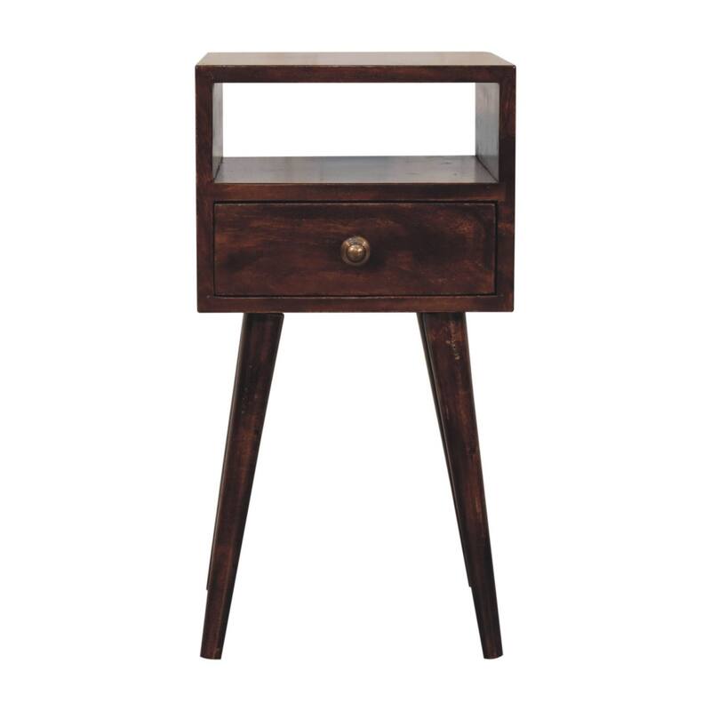 Mini Solid Wood Nightstand with Drawer and Open Shelf, Nordic Legs, Dark Brown