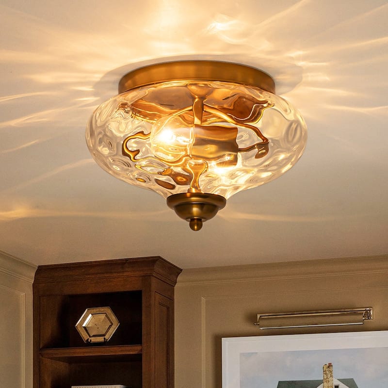 Modern Farmhouse 2-light Water Pattern Hammered Glass Flush Mount 9in - Gold + Clear Glass