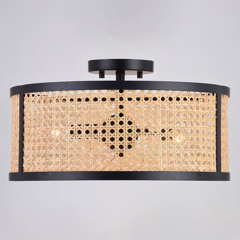 Berens 15.5-in W Matte Black Modern Farmhouse Drum Semi Flush Mount Ceiling Light with Rattan Cane Shade