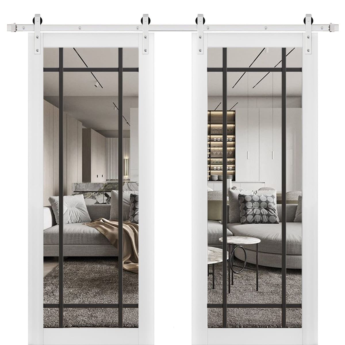 SartoDoors Lucia 2266 | Closet Door Double Barn Door | Solid Wood w/ Glass | Hardware Set | 36x80, White Silk Bedroom Door