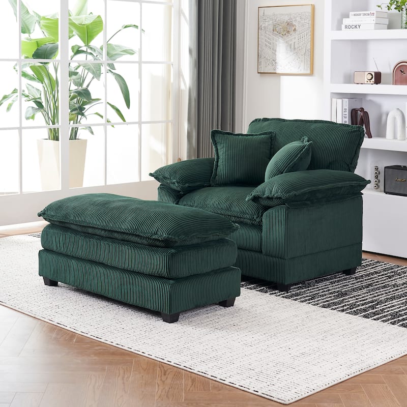 56.3" Corduroy Single Sofa Chair with 2 Toss Pillows & a Ottoman