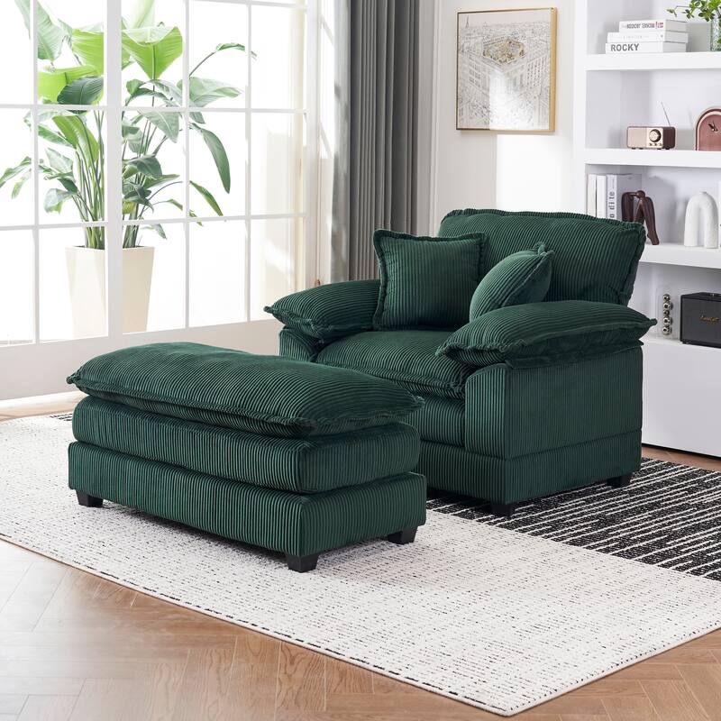 Green Corduroy Single Deep Seat Sofa with Ottoman