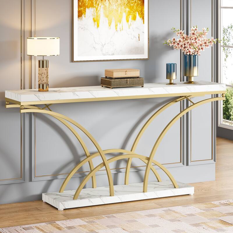 70.9'' Faux Marble Console Sofa Table with Half-Moon Shaped Metal Legs for Entryway, Accent Tables for Living Room