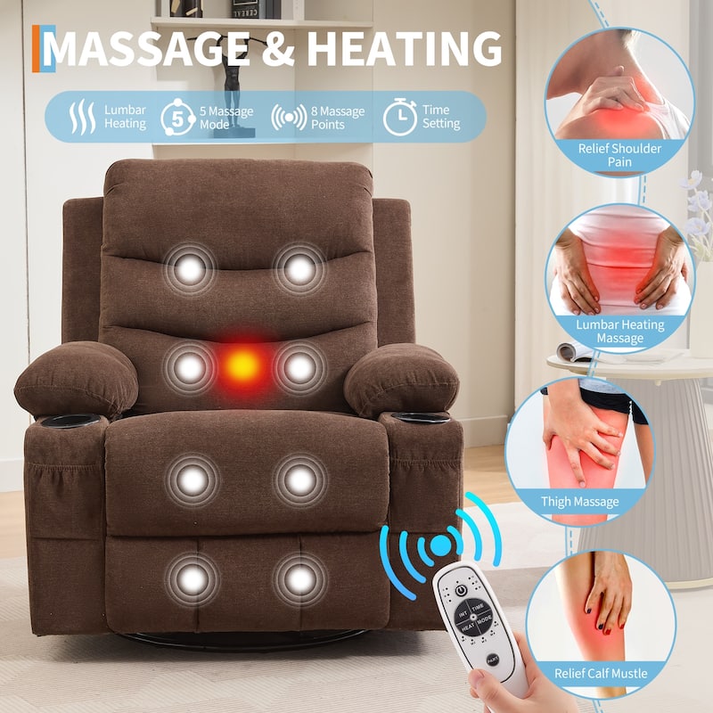 Swivel Rocker Recliner Chair with Massage and Heat, Oversized Reclining Sofa