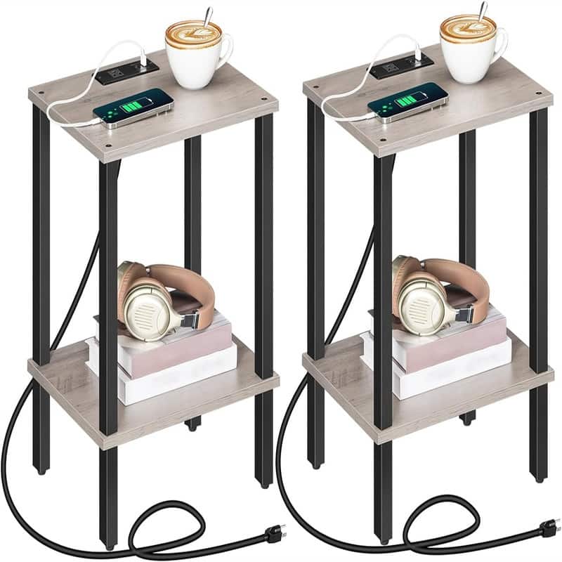 Side Table End Table with Charging Station - Greige Set of 2