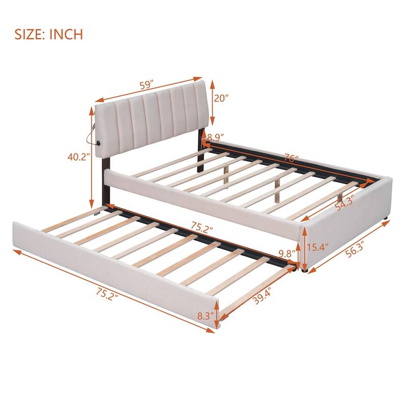 Full Size Upholstered Platform Bed with Trundle and LED Bed Frame