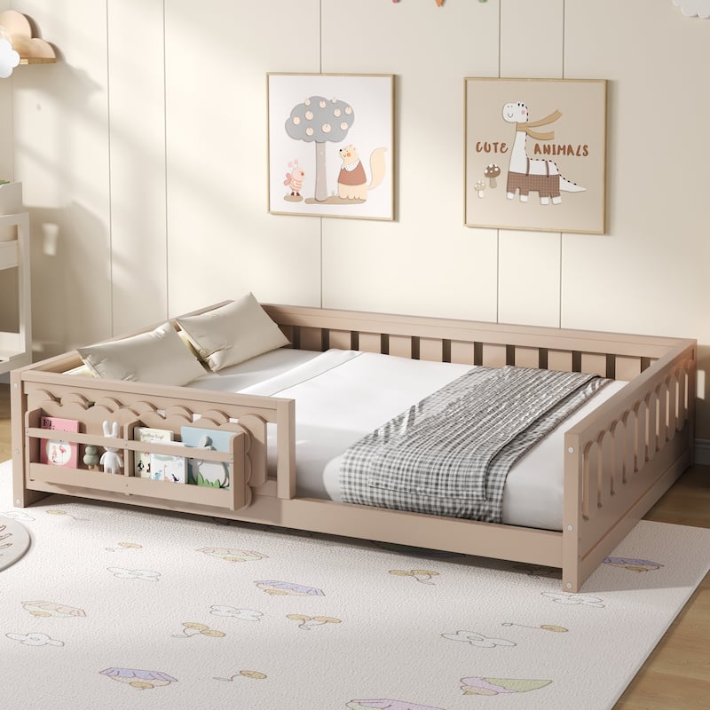 Kid Wood Platform Storage Bed Montessori Toddler Floor Bed Children Daybed with Guardrail and Side Creativity Storage Shelves - Natural - Full
