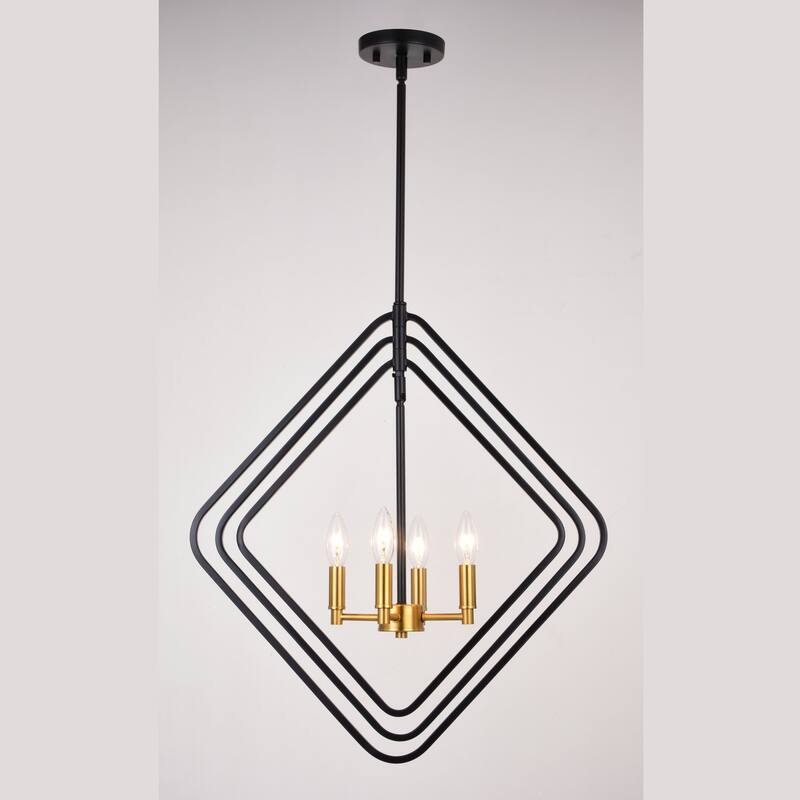 Brady 4 Light Black and Satin Brass Contemporary Geometric Cage Pendant Light - 22-in W x 24.25-in H x 22-in D