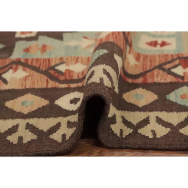 Hand Woven Oriental 100% Wool Carpet Southwestern Tribal Brown Kilim Area Rug - 9' 10'' X 6' 7''