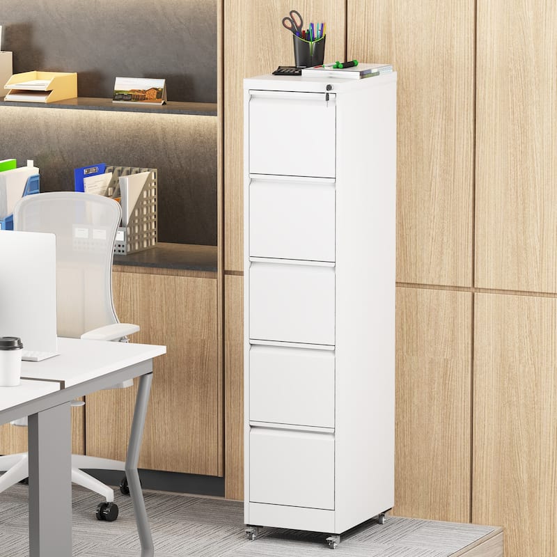 5 Drawer Metal Vertical File Cabinet with Lock on Wheels,Heavy Duty Metal Storage Cabinet, 17.71"D*15.16"W*64.17"H - White