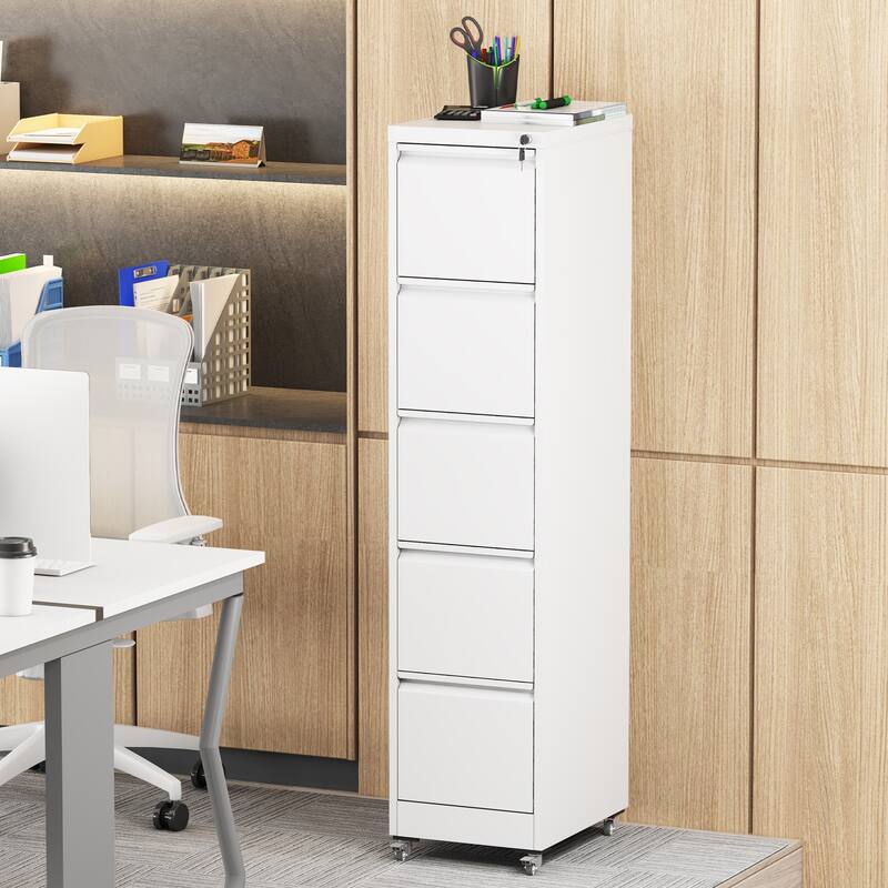 5 Drawer Metal Vertical File Cabinet with Lock on Wheels for Home Office,Heavy Duty Metal Storage Cabinet - White