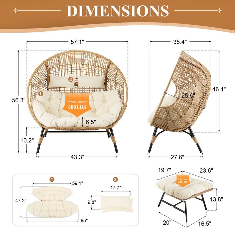 FINCATI Double Egg Chair with 2 Ottomans, 680-lb Capacity