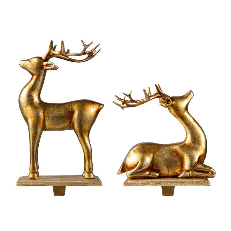 Glitzhome 7.75"H Set of 2 Gold Resin Standing & Sitting Reindeer Stocking Holders