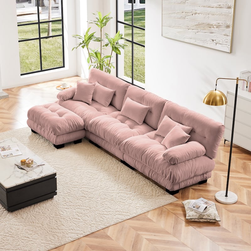 3-Seat Modular Sectional Sofa Deep Seat Couch L Shaped Cloud Couch with Convertible Ottoman for Living Room - Pink