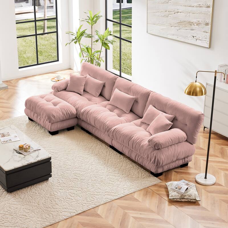 GDFStudio - Octavian Chenille 3-Seater Cloud Sofa with 1 Convertible Ottoman - Pink