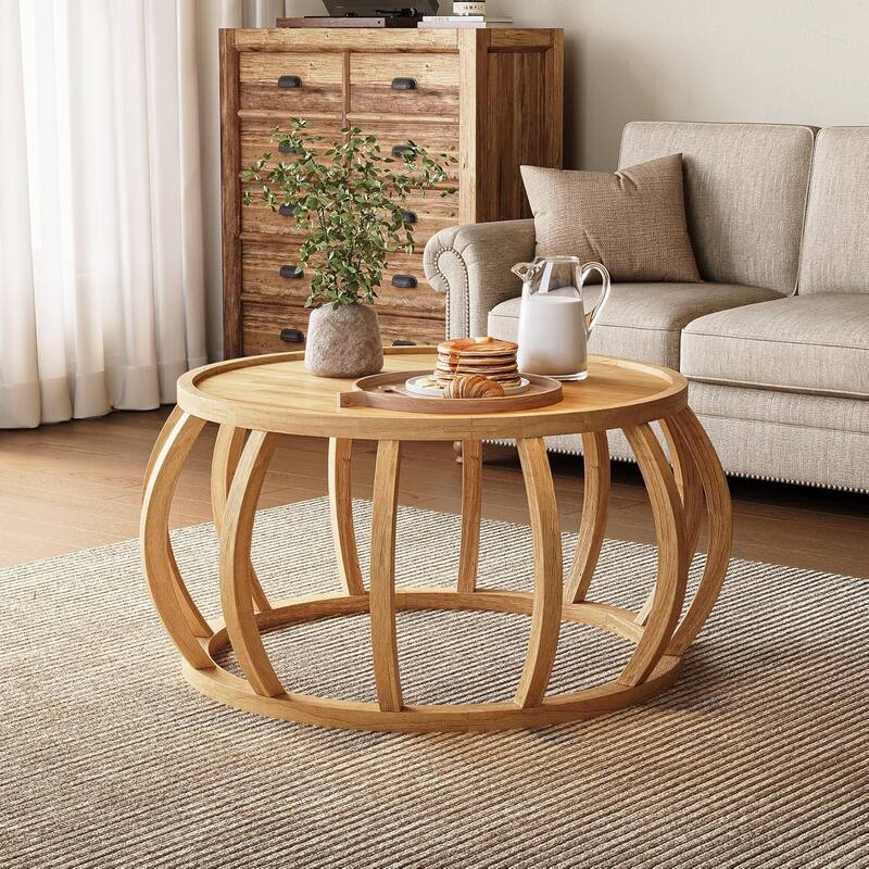 31.5-Inch Round Solid Wood Coffee Table for Living Room, Natural