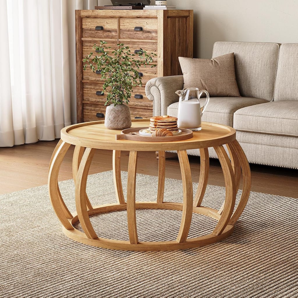 Solid Wood Round Coffee Table, 31.5-Inch Center Table for Living Room, Easy Assembly, Natural
