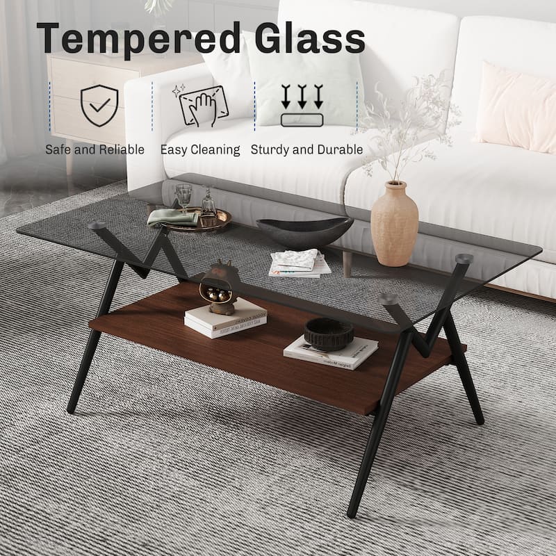 3-Piece Set, Modern Coffee Table Tempered Glass Coffee Table with 2-Tier Storage Shelves, for Living Room