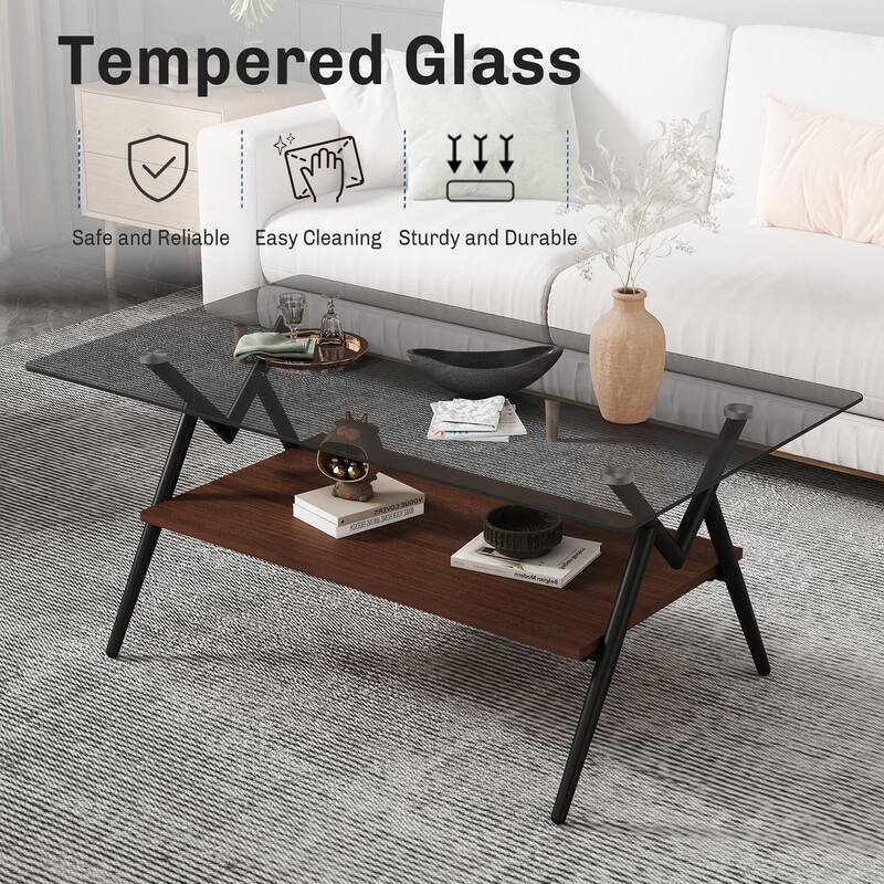 Rectangle Coffee Table with Tempered Glass Top and Shelf
