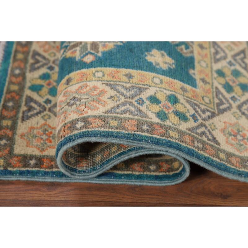 Hand Knotted Oriental 100% Wool Carpet Traditional Geometric Navy Blue & Blues Kazak Area Rug - 3' 0'' X 1' 11''