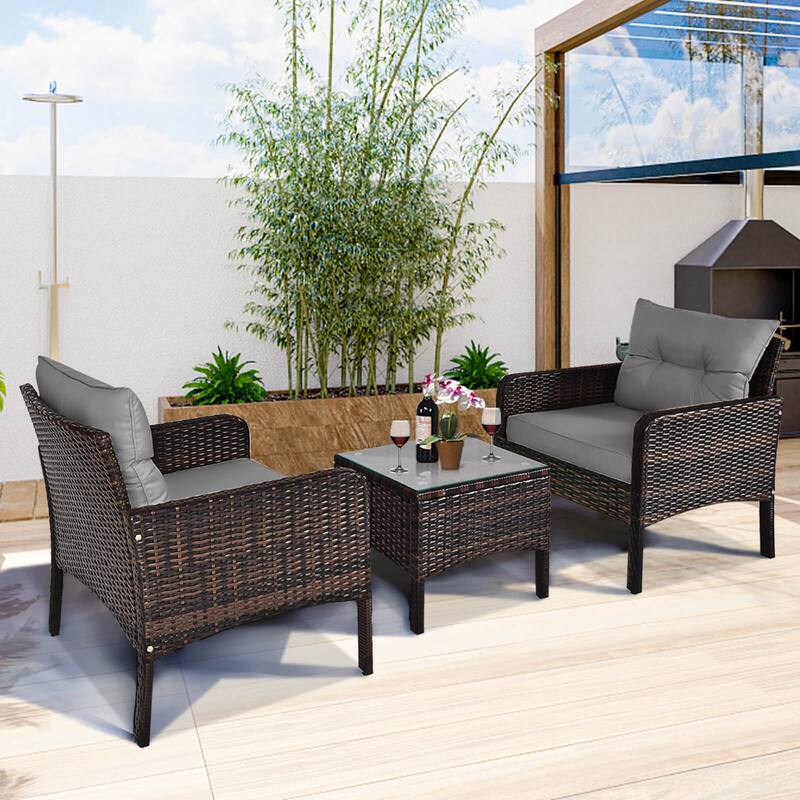 Costway 3 PCS Patio PE Wicker Furniture Set with Cushions and Tempered - See Details
