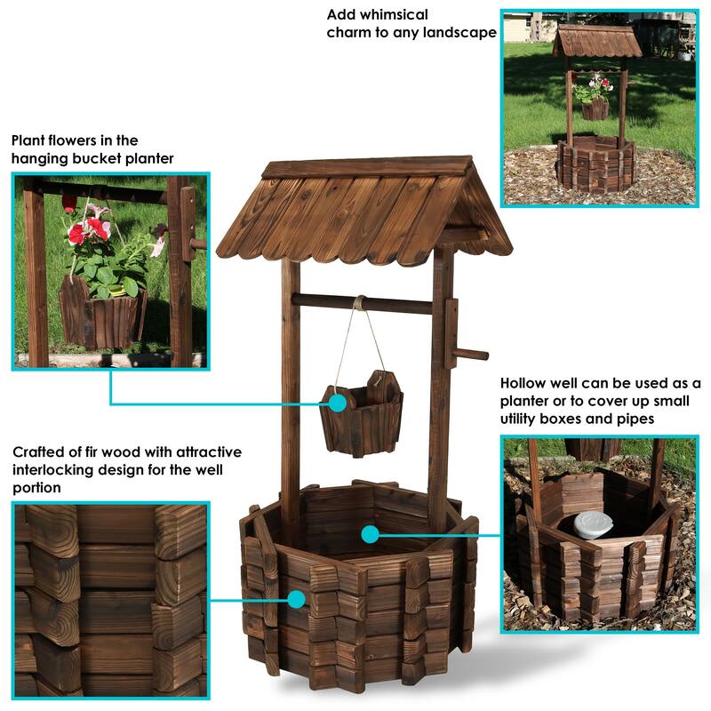 2-Tier Wooden Wishing Well Garden Planter Outdoor Patio Garden - 45"